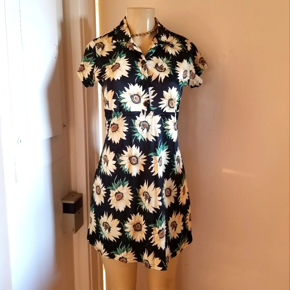 Buffy's Choice Dresses | Vintage Buffy's Choice 80 90s Sunflower Polyester Button Short Mini Dress | Color: Blue/Yellow | Size: M